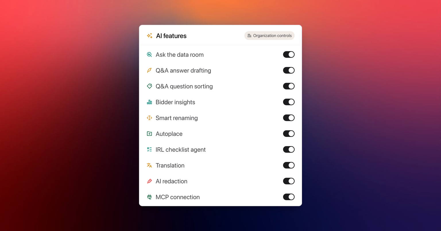 Organization admin controls for every data room