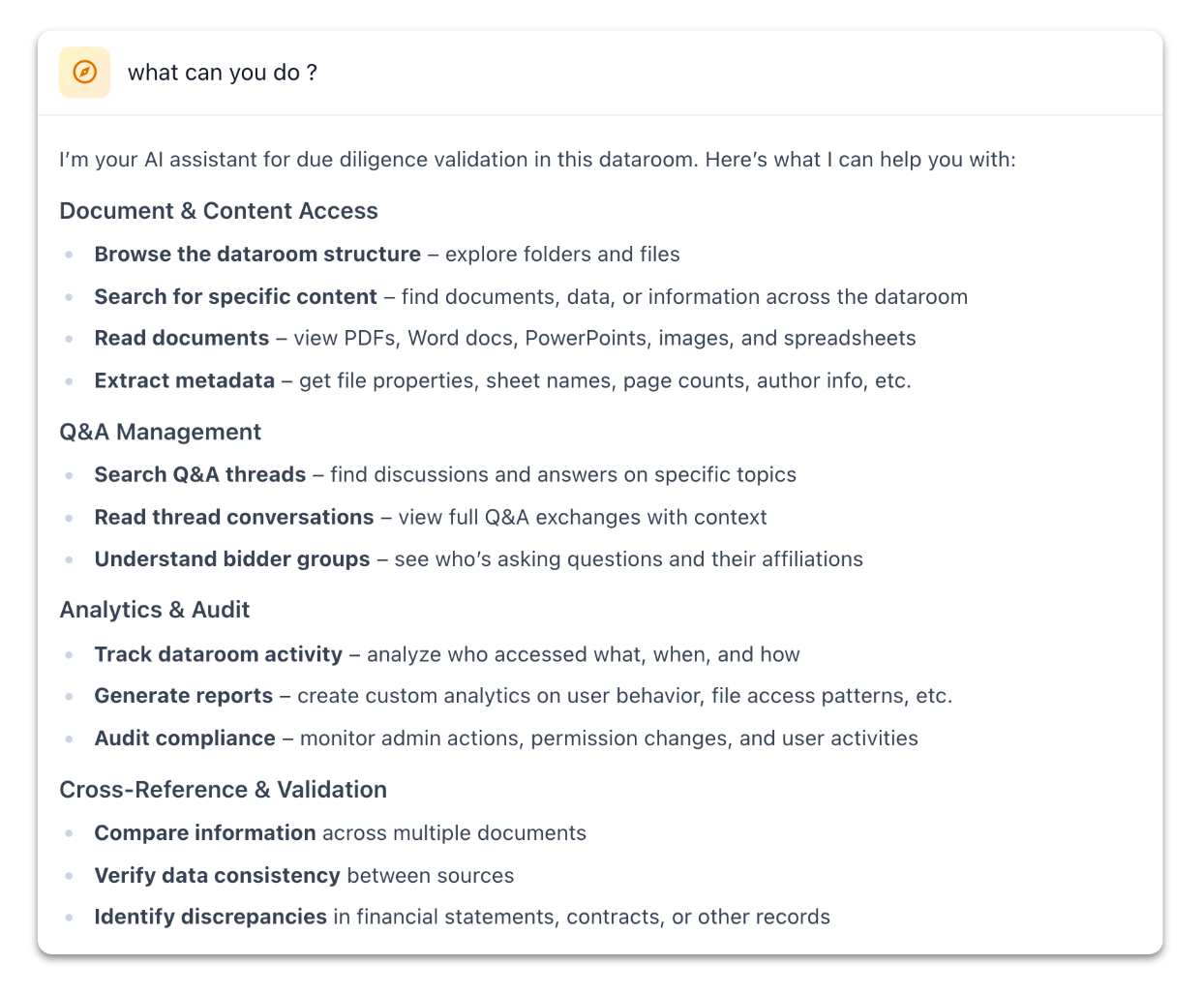 Entropia data room analysis agent with citations