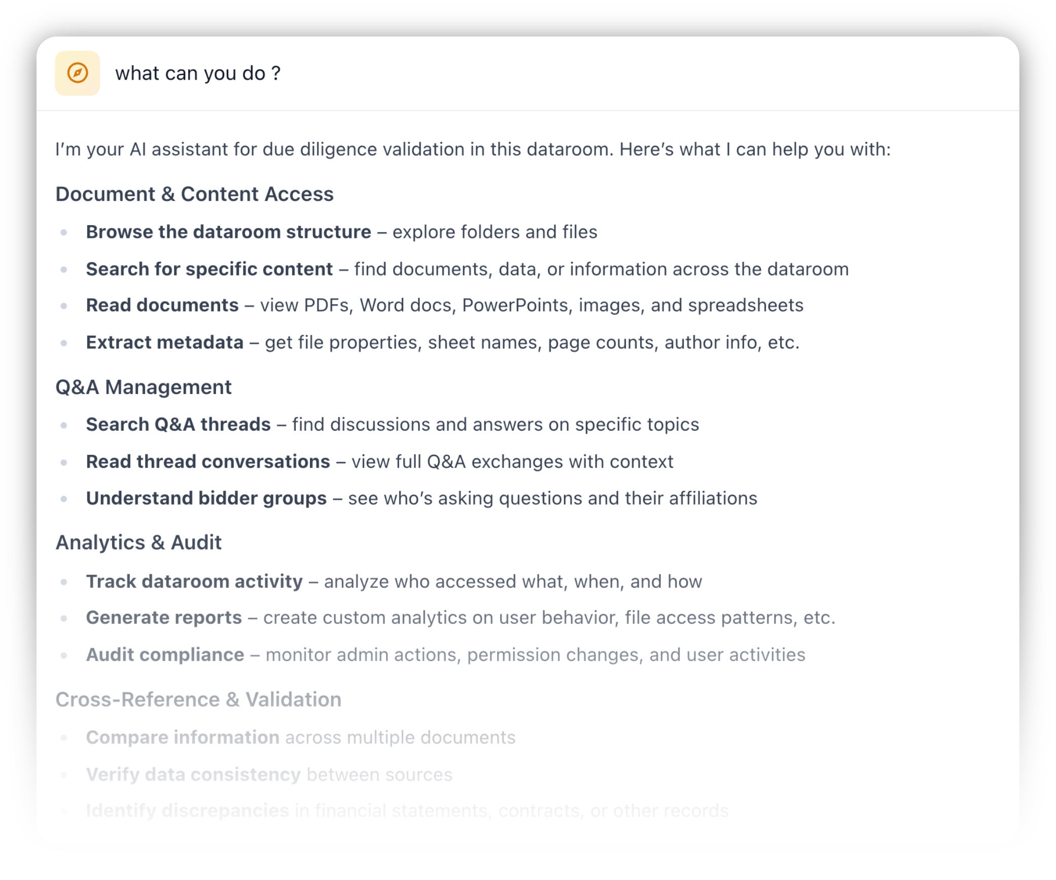 Entropia data room analysis agent with citations
