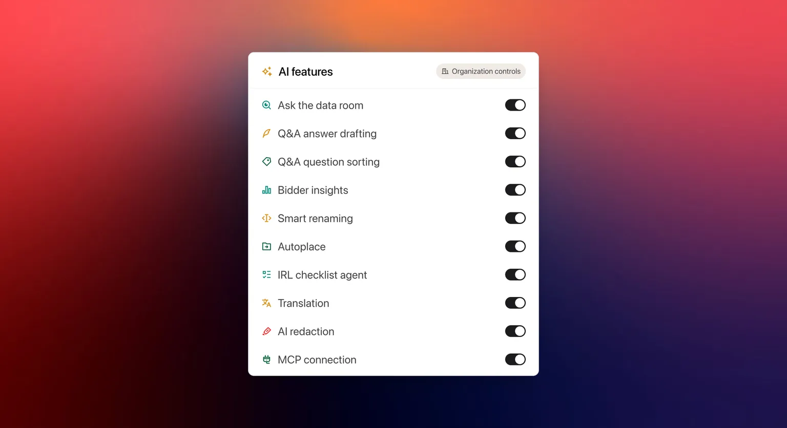 Organization admin controls for every data room